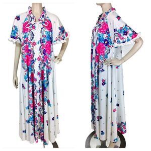 Vintage 70s Village Fair Colorful Floral House Robe Caftan Dress One Size